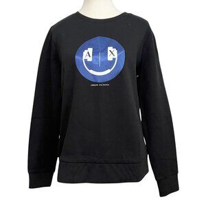 NWT ARMANI EXCHANGE WOMEN'S BLACK BLUE SMILEY GRAPHIC PRINT CREWNECK SWEATSHIRT